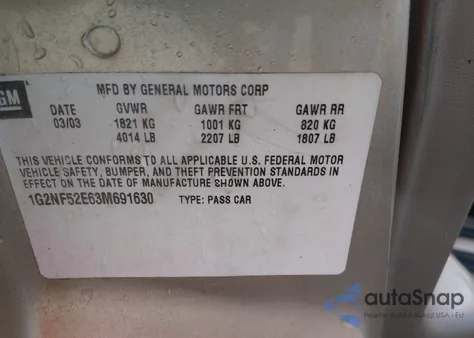 2003 Pontiac Grand Am Se1 из США, поврежденный, VIN 1G2NF52E63M691630